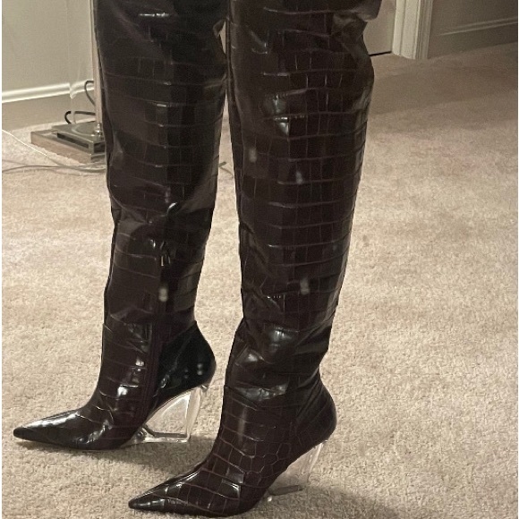 Lucite 100 Wedge Boot Brown Croc Knee High Boots Brand New in the Box - Picture 1 of 1